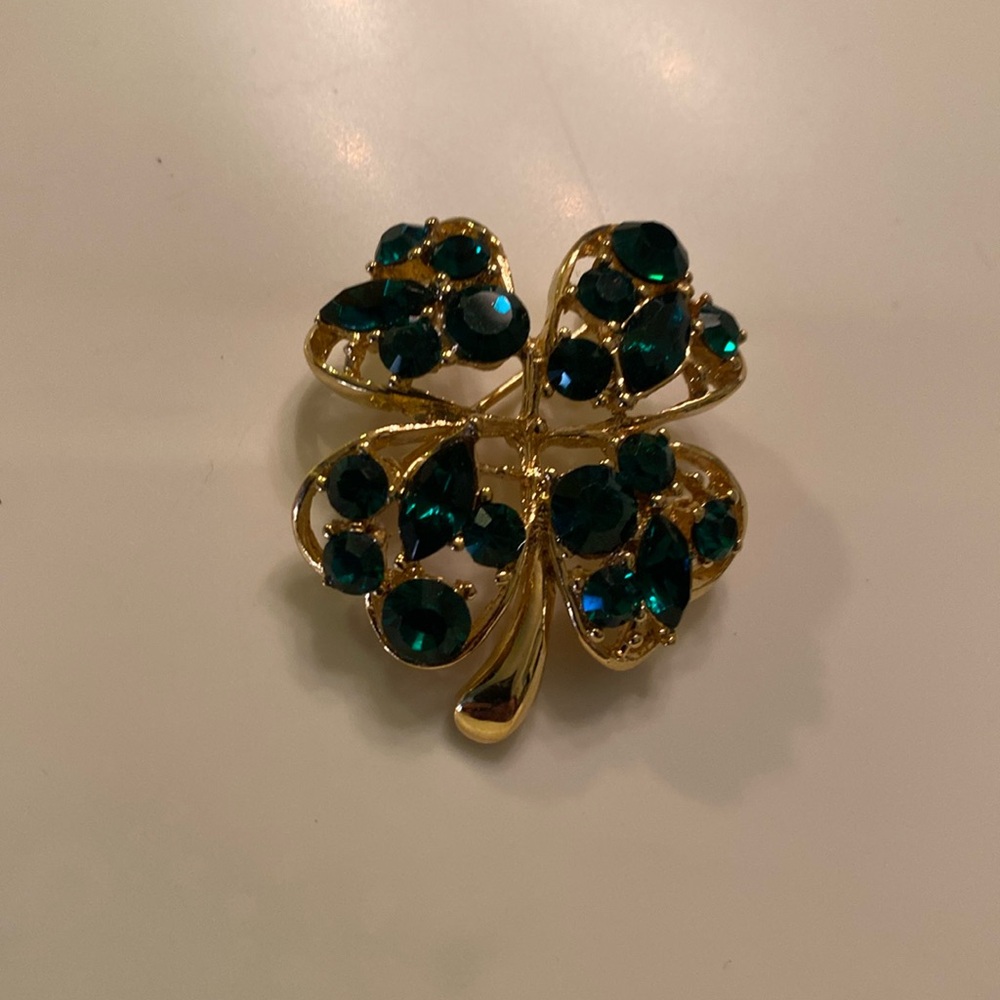Brooch Signed JC Joseph Clearly 4 Leaf Clover With Green Rhinestones